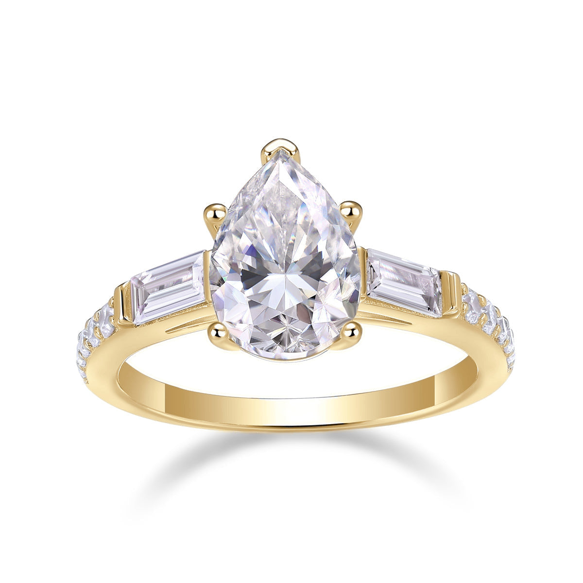 Juliet Pear Moissanite Three Stone Engagement Ring in 18K yellow gold plating