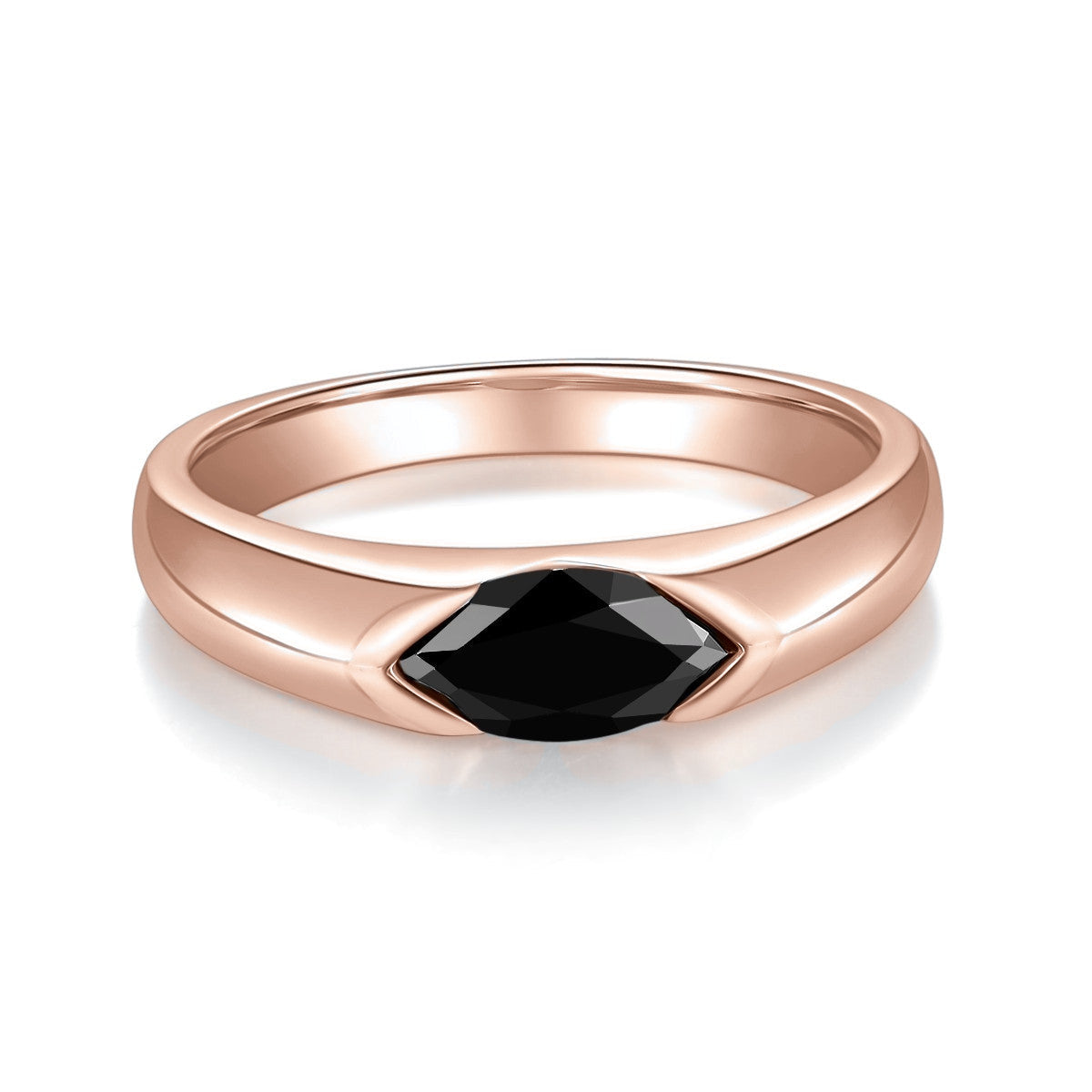 Juno Black Marquise Moissanite East-West Bezel Ring in 18K rose gold plating, front view
