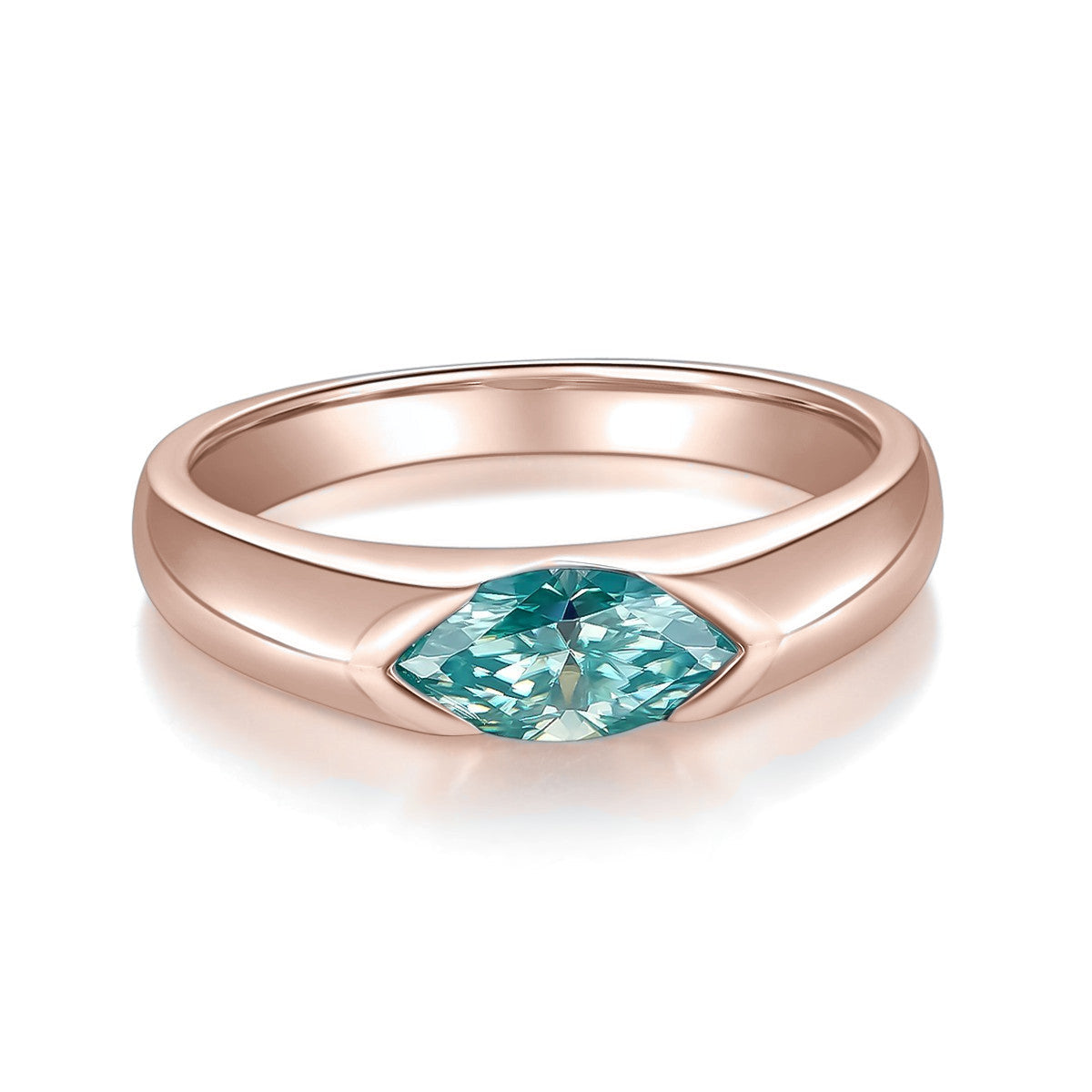 Juno Teal Marquise Moissanite East-West Bezel Ring in 18K rose gold plating, front view
