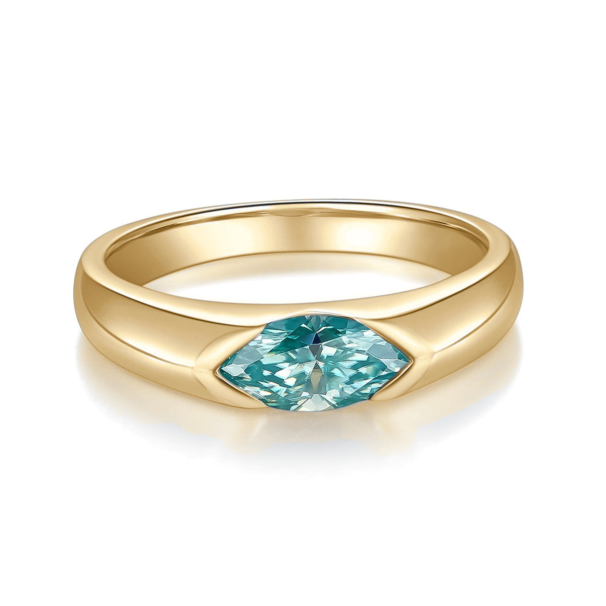 Juno Teal Marquise Moissanite East-West Bezel Ring in 18K yellow gold plating, front view