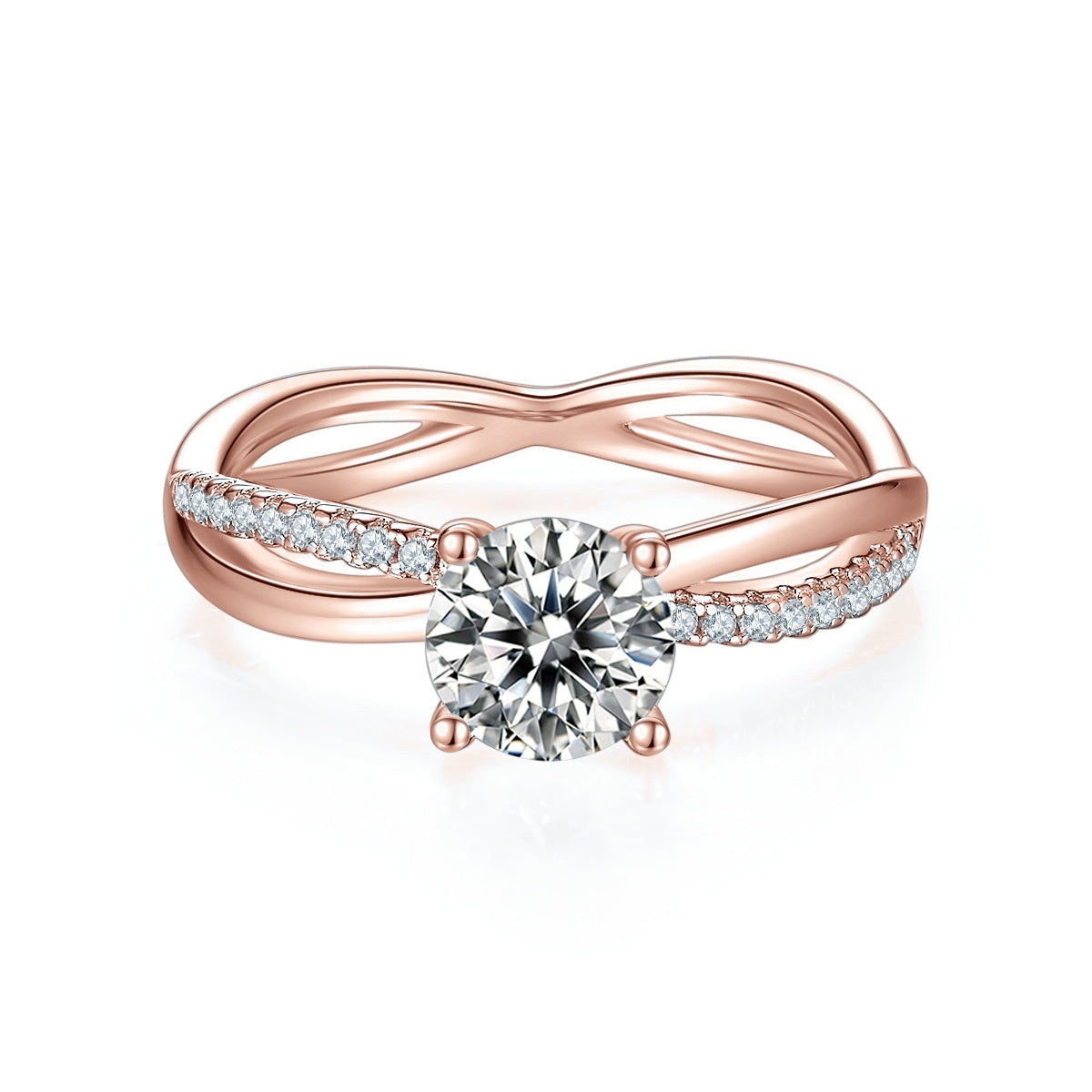 Justine Round Moissanite Infinity Twist Engagement Ring in 18K rose gold plating, front view