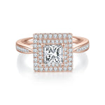 Kamila Princess Cut Moissanite Double Halo Engagement Ring in 18K rose gold plating, front view