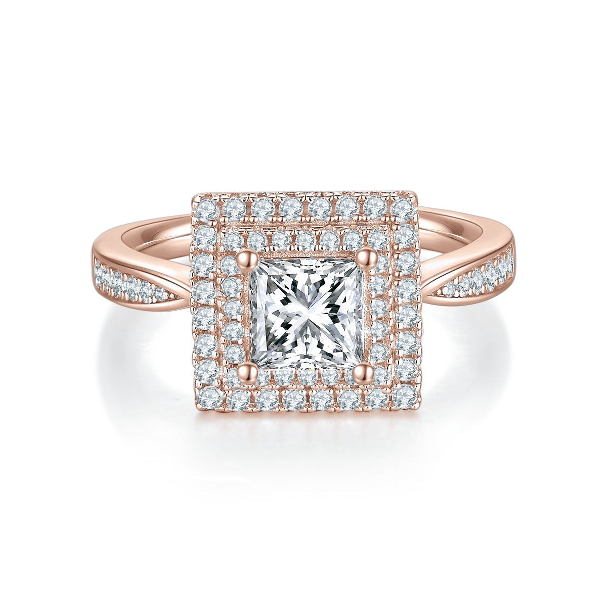 Kamila Princess Cut Moissanite Double Halo Engagement Ring in 18K rose gold plating, front view
