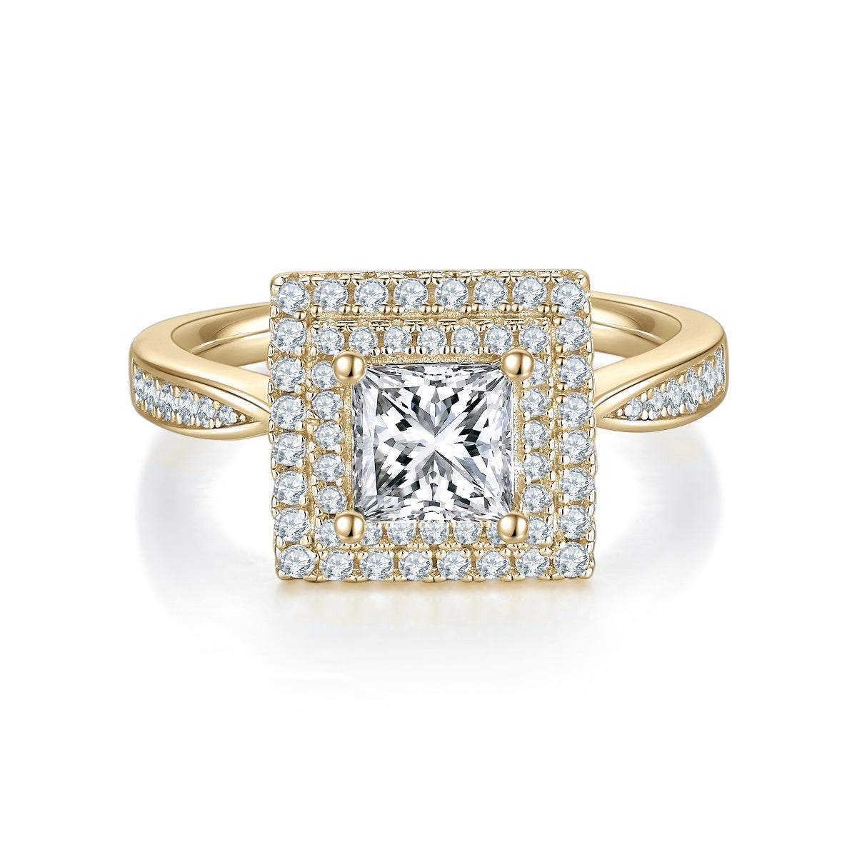 Kamila Princess Cut Moissanite Double Halo Engagement Ring in 18K yellow gold plating, front view