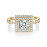 Kamila Princess Cut Moissanite Double Halo Engagement Ring in 18K yellow gold plating, front view