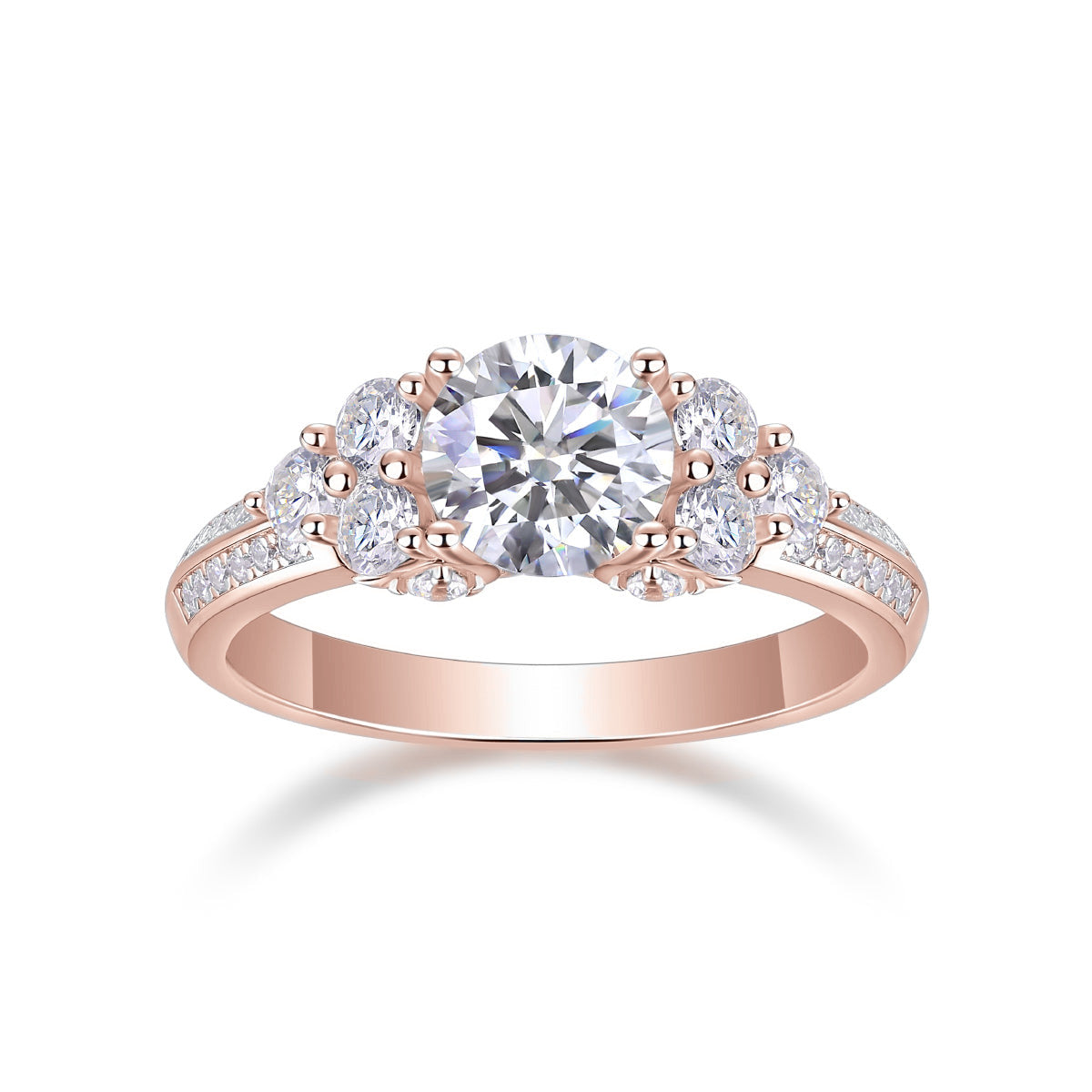 Kara Round Moissanite Cluster Side Stone Engagement Ring in 18K rose gold plating, front view