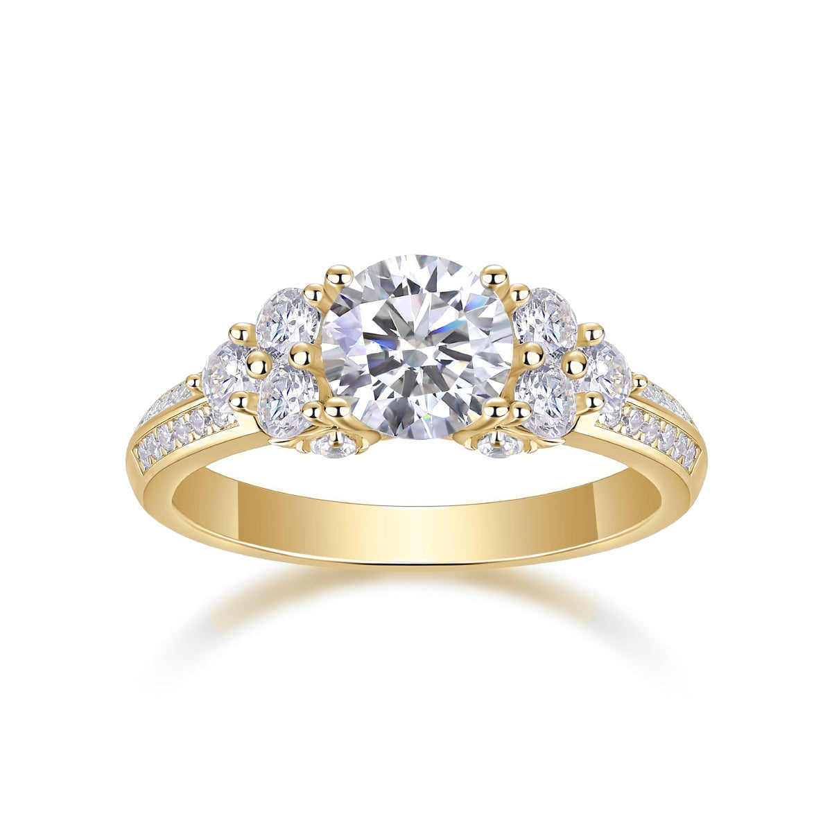 Kara Round Moissanite Cluster Side Stone Engagement Ring in 18K yellow gold plating, front view