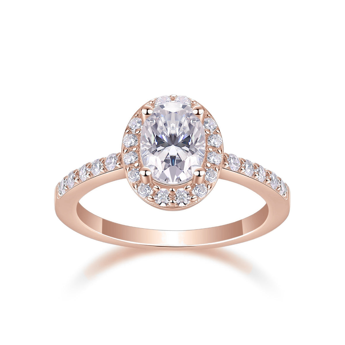 Kate Oval Moissanite Halo Engagement Ring in 18K rose gold plating, front view