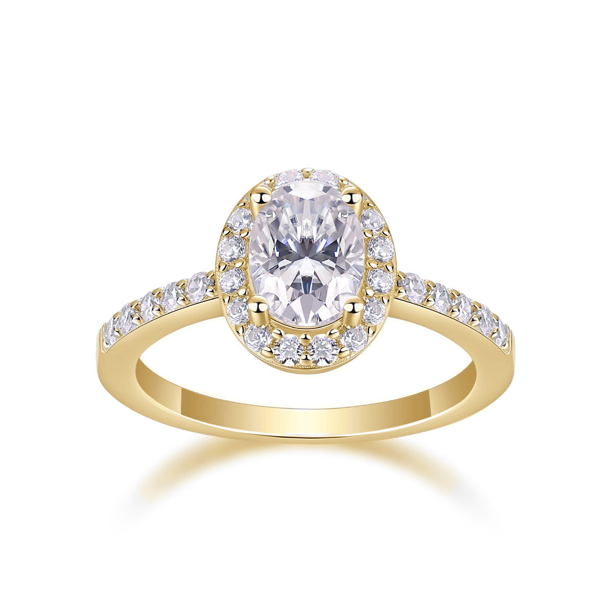 Kate Oval Moissanite Halo Engagement Ring in 18K yellow gold plating, front view