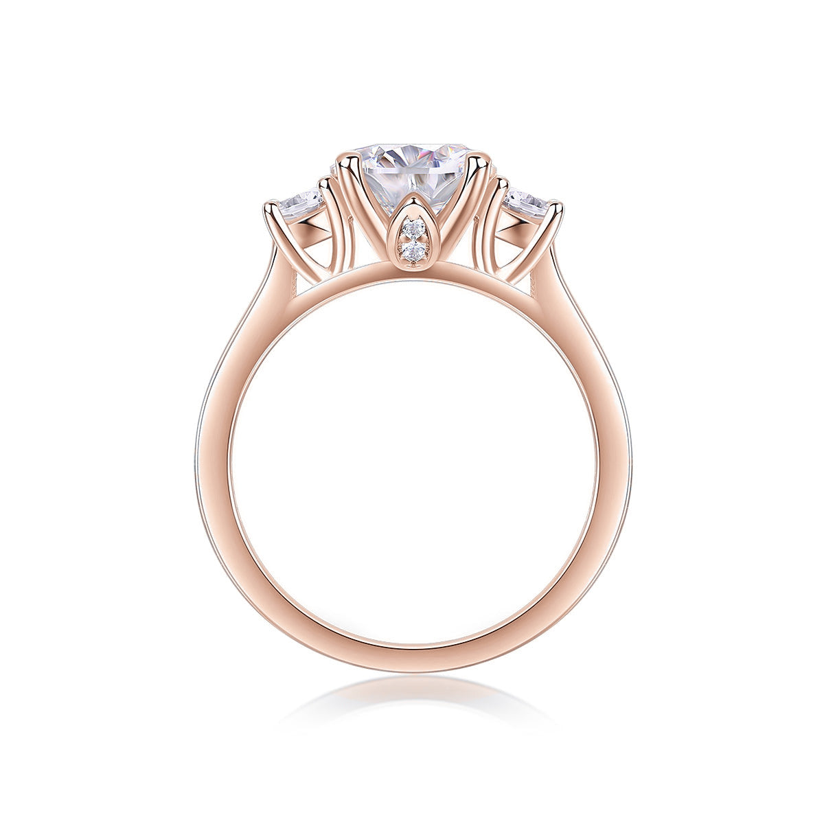 Katrina Round Moissanite Three Stone Engagement Ring in 18K rose gold plating, front view