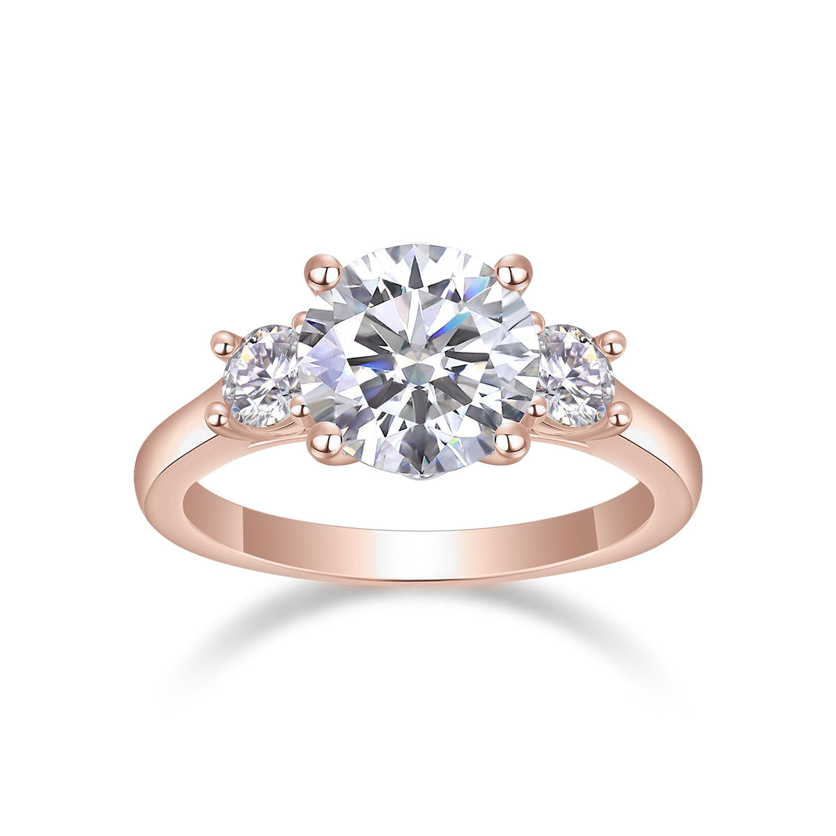 Katrina Round Moissanite Three Stone Engagement Ring in 18K rose gold plating, front view