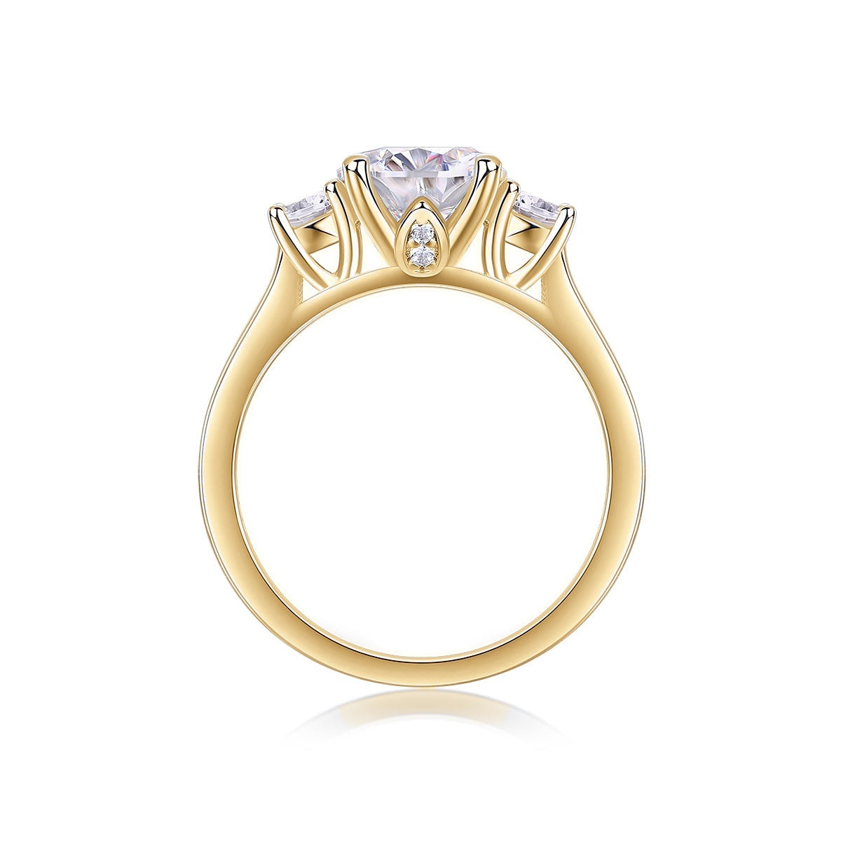 Katrina Round Moissanite Three Stone Engagement Ring in 18K yellow gold plating, front view