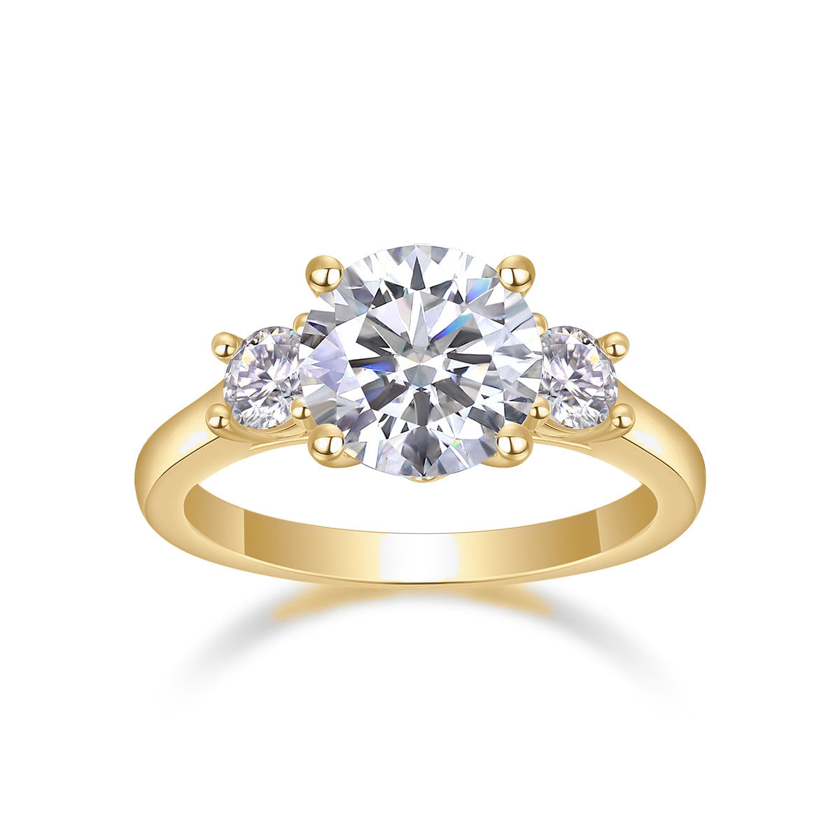 Katrina Round Moissanite Three Stone Engagement Ring in 18K yellow gold plating, front view