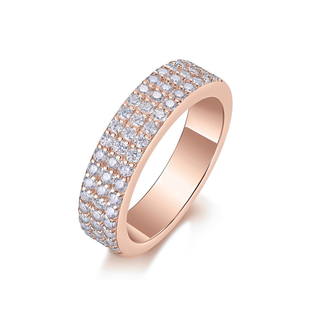 Keely Round Moissanite Three Row Pavé Wedding Band in 18K rose gold plating