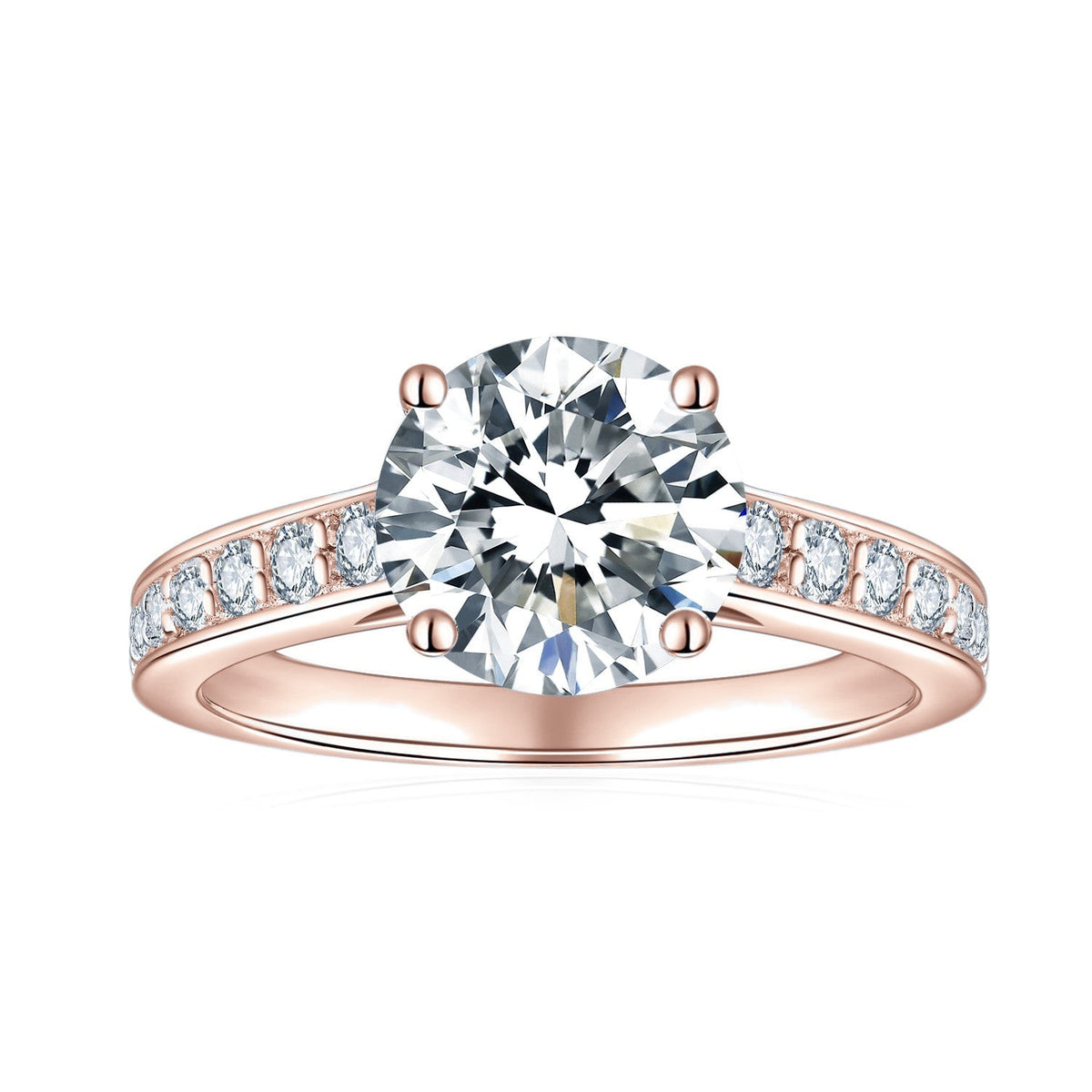 Kelly Round Moissanite Channel Set Engagement Ring in 18K rose gold plating, front view