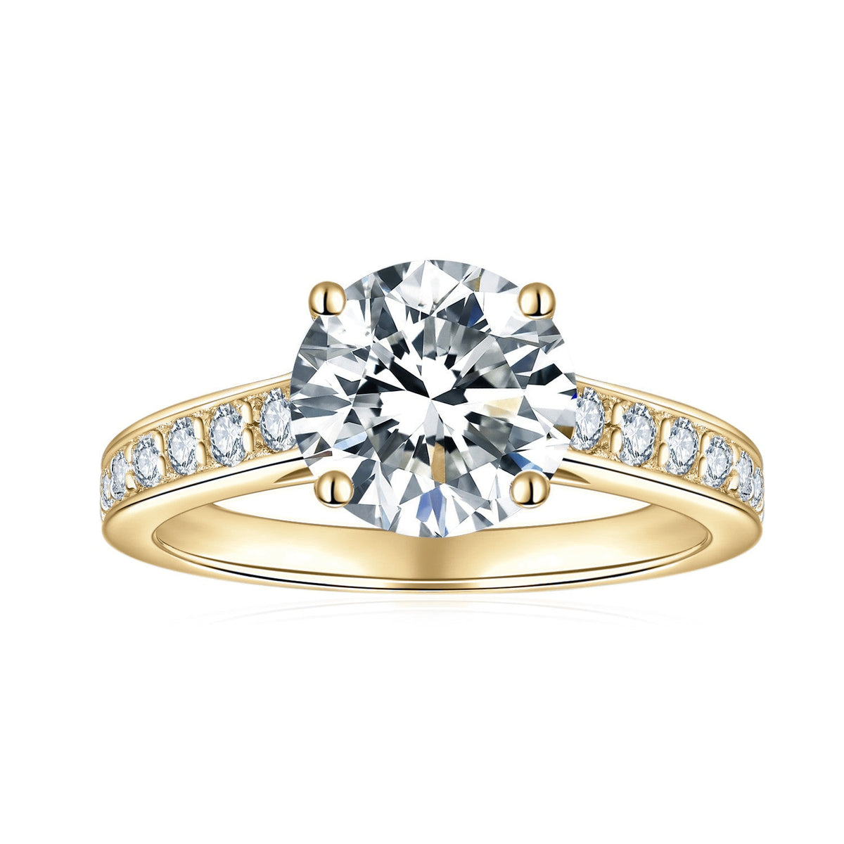 Kelly Round Moissanite Channel Set Engagement Ring in 18K yellow gold plating, front view