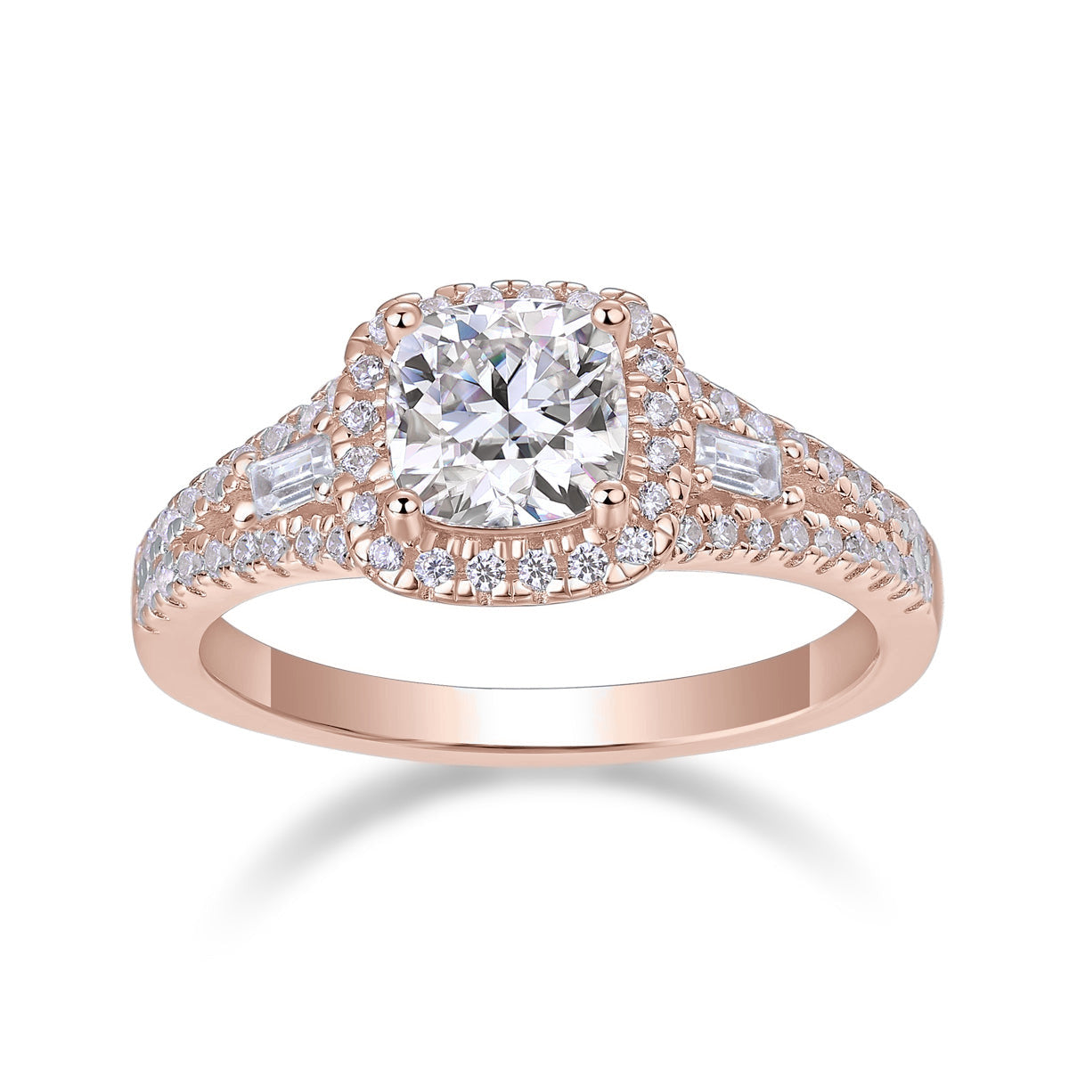 Kendall Cushion Cut Moissanite Halo Engagement Ring in 18K rose gold plating, front view