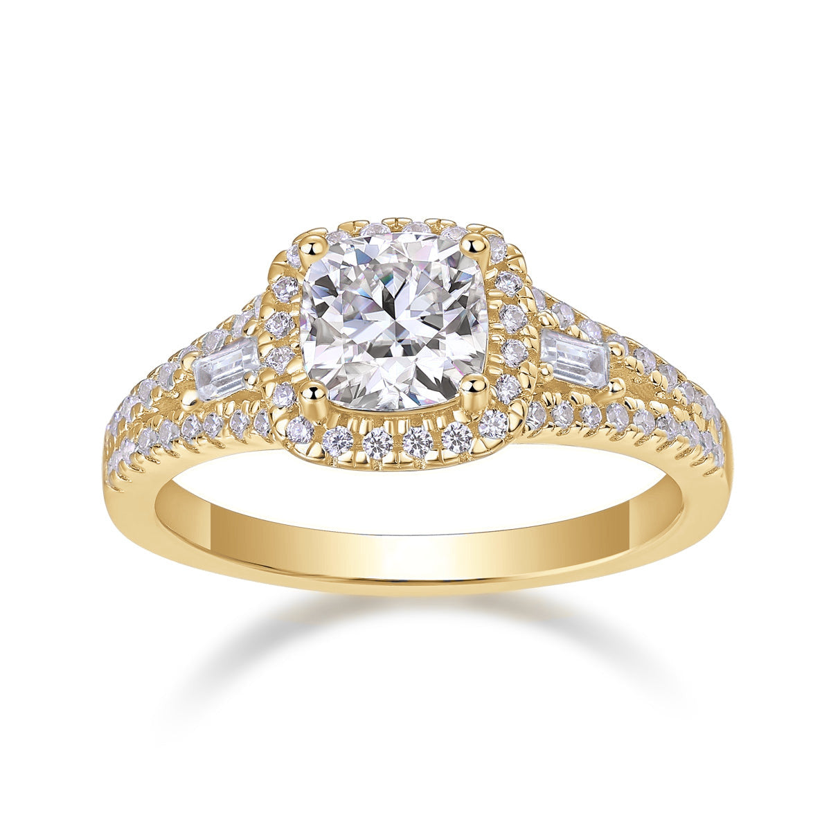 Kendall Cushion Cut Moissanite Halo Engagement Ring in 18K yellow gold plating, front view