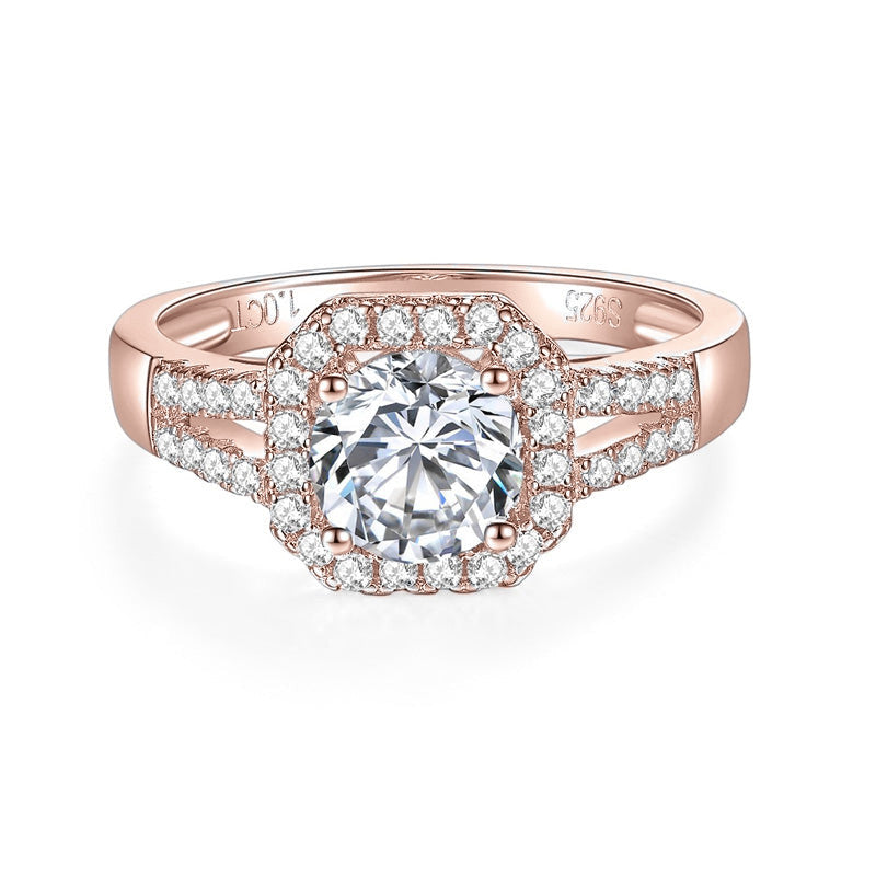 Kendra Round Moissanite Octagon Halo Engagement Ring in 18K rose gold plating, front view