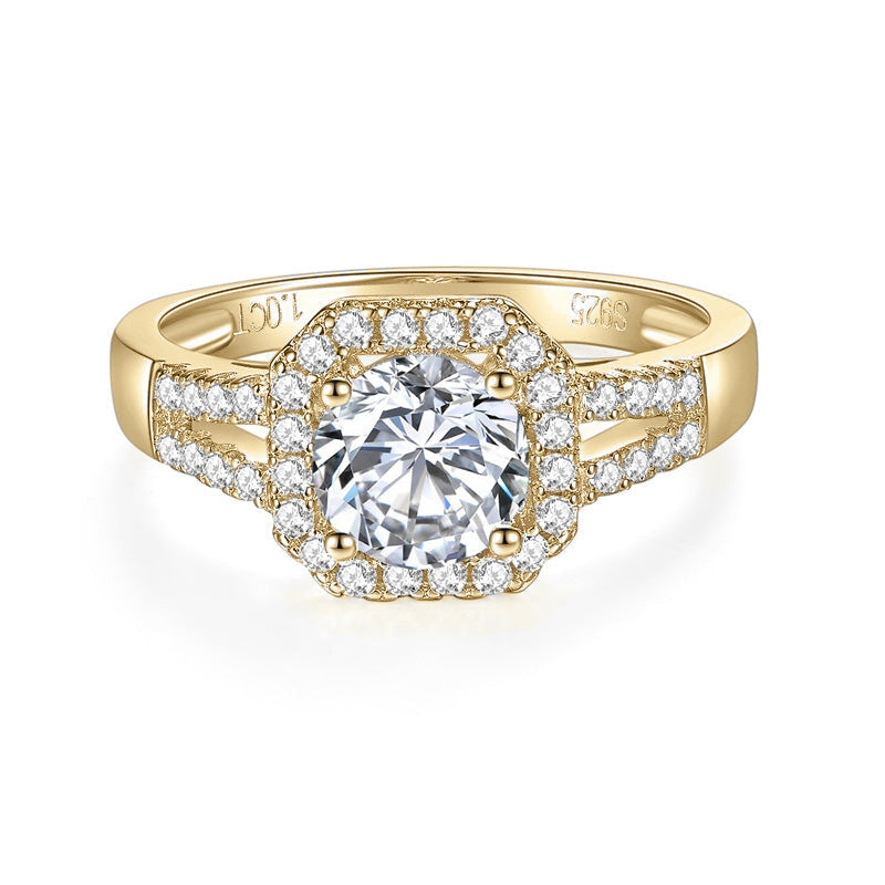 Kendra Round Moissanite Octagon Halo Engagement Ring in 18K yellow gold plating, front view
