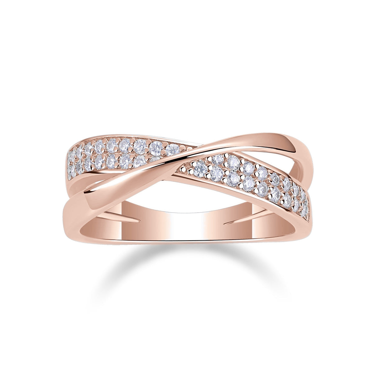 Kenna Moissanite Pavé Crossover Ring in 18K rose gold plating, front view