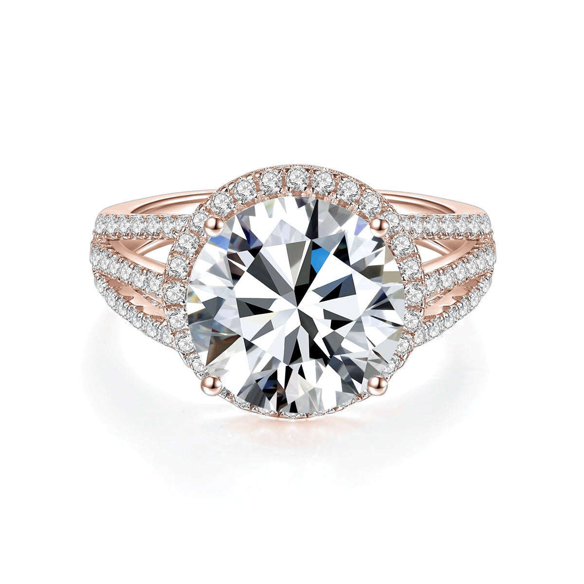 Kennedy Round Moissanite Halo Engagement Ring 3 ct in 18K rose gold plating, front view