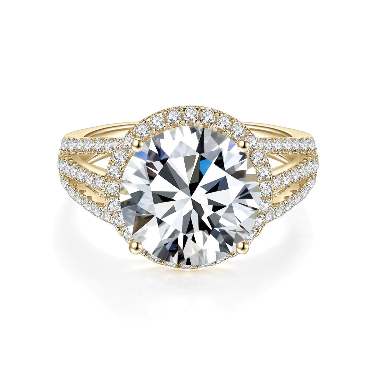 Kennedy Round Moissanite Halo Engagement Ring 3 ct in 18K yellow gold plating, front view