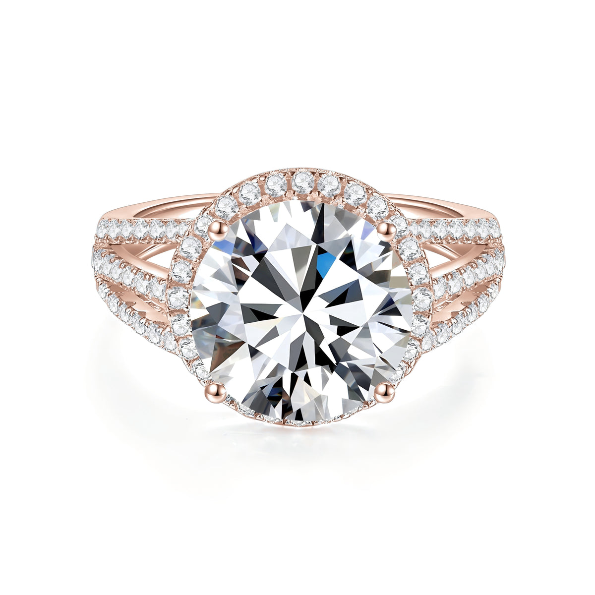 Kennedy Round Moissanite Halo Engagement Ring 5 ct in 18K rose gold plating, front view