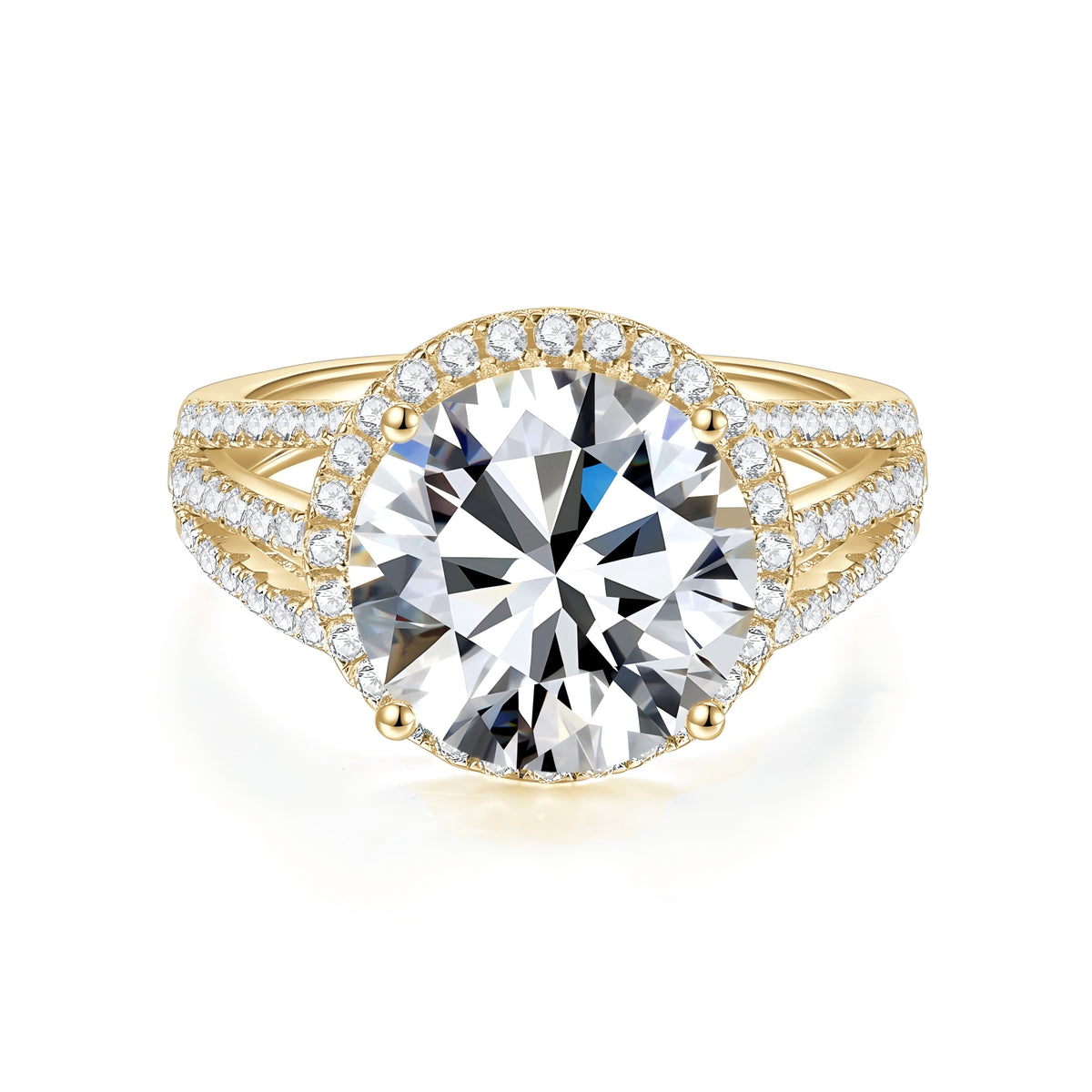 Kennedy Round Moissanite Halo Engagement Ring 5 ct in 18K yellow gold plating, front view