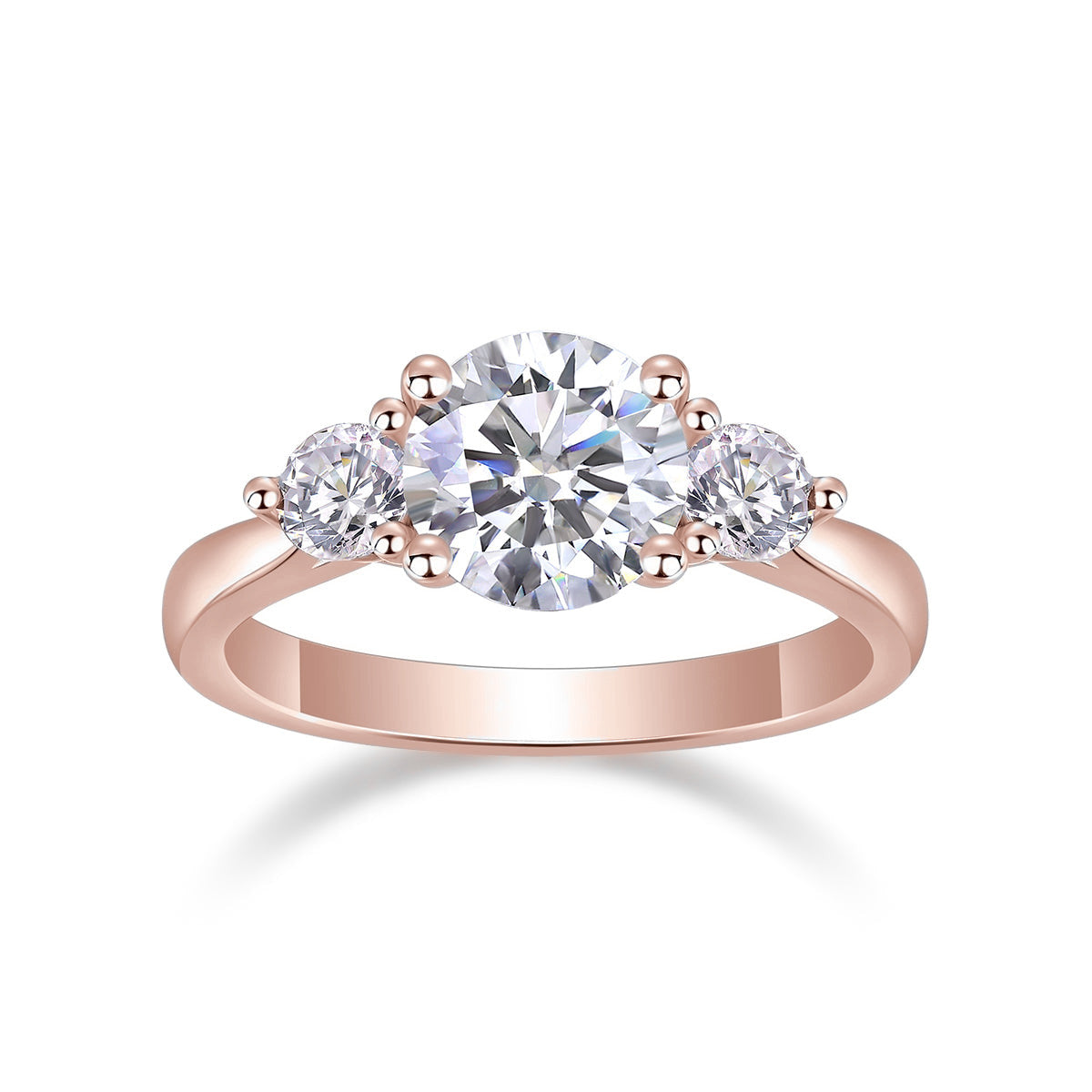 Kenzie Round Moissanite Three Stone Engagement Ring in 18K rose gold plating, front view