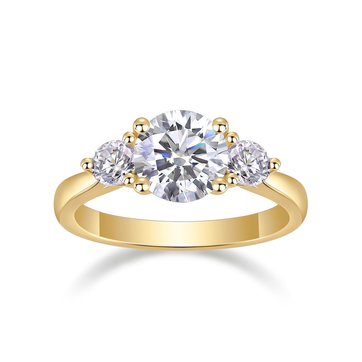 Kenzie Round Moissanite Three Stone Engagement Ring in 18K yellow gold plating, front view