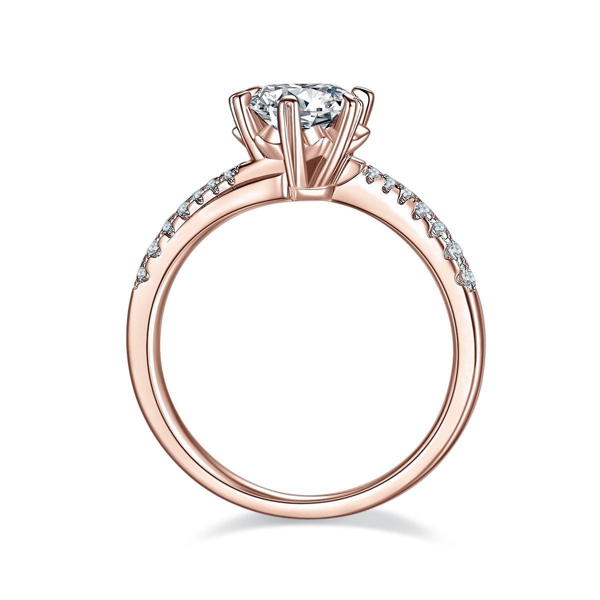 Kimber Round Moissanite Twist Solitaire Engagement Ring in 18K rose gold plating, front view
