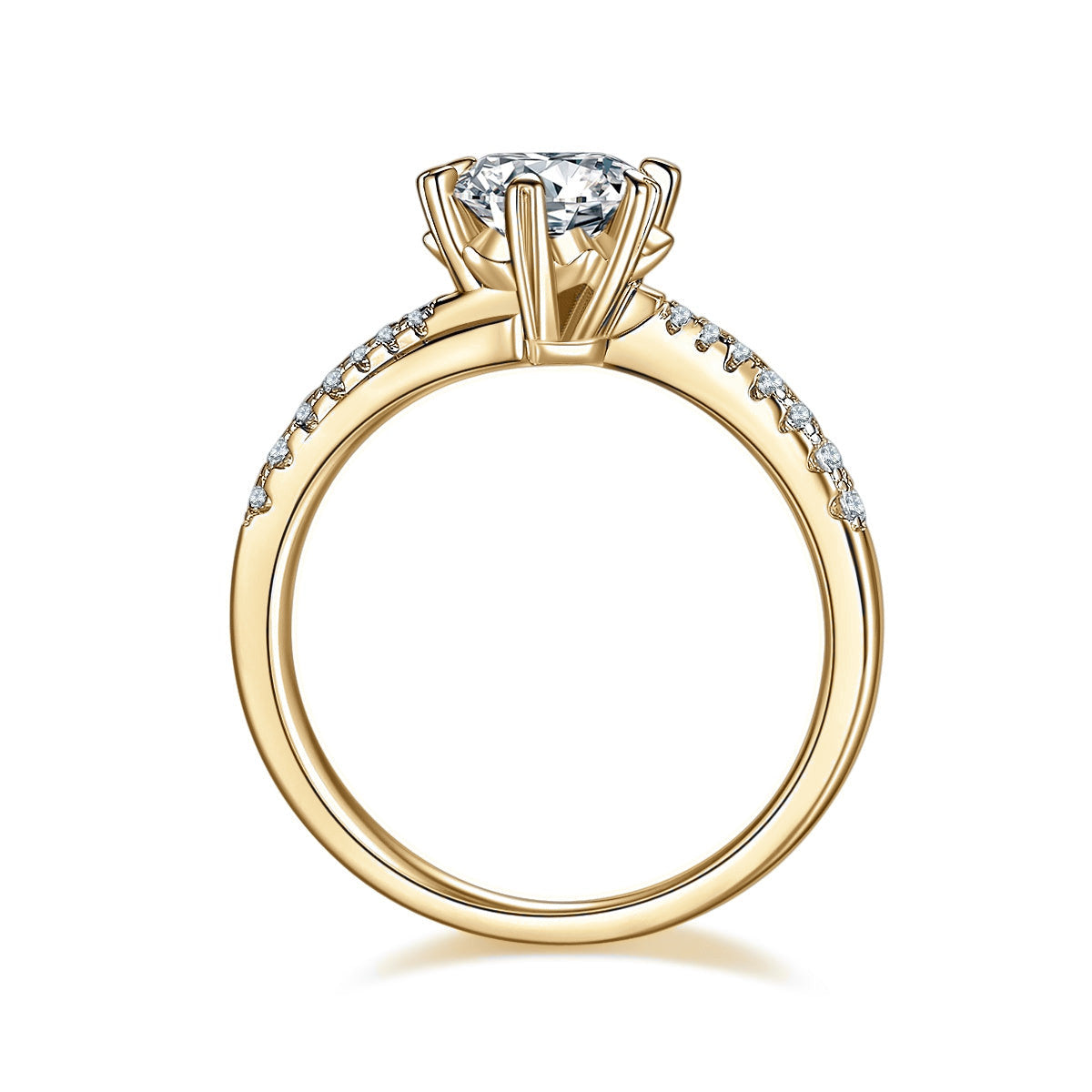 Kimber Round Moissanite Twist Solitaire Engagement Ring in 18K yellow gold plating, front view