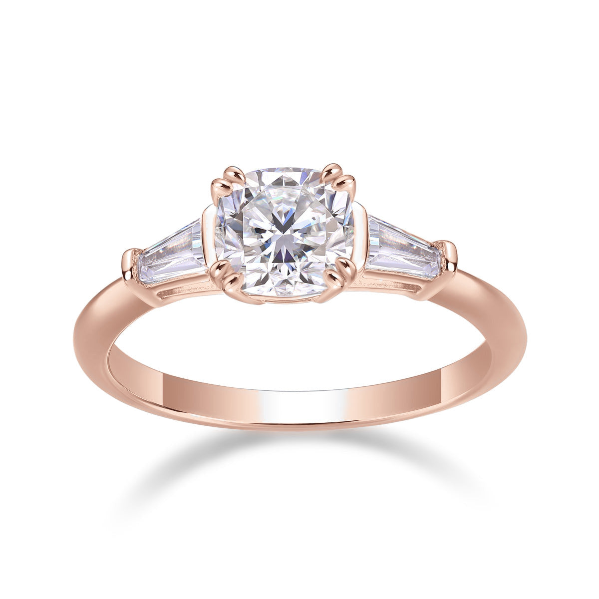 Kira Cushion Cut Moissanite Three Stone Engagement Ring in 18K rose gold plating, front view