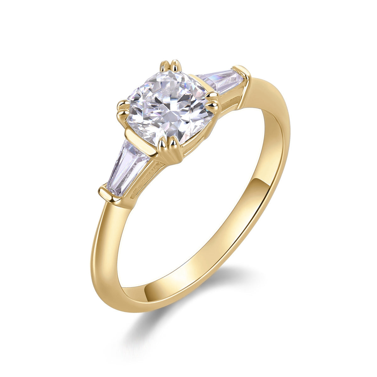 Kira Cushion Cut Moissanite Three Stone Engagement Ring in 18K yellow gold plating