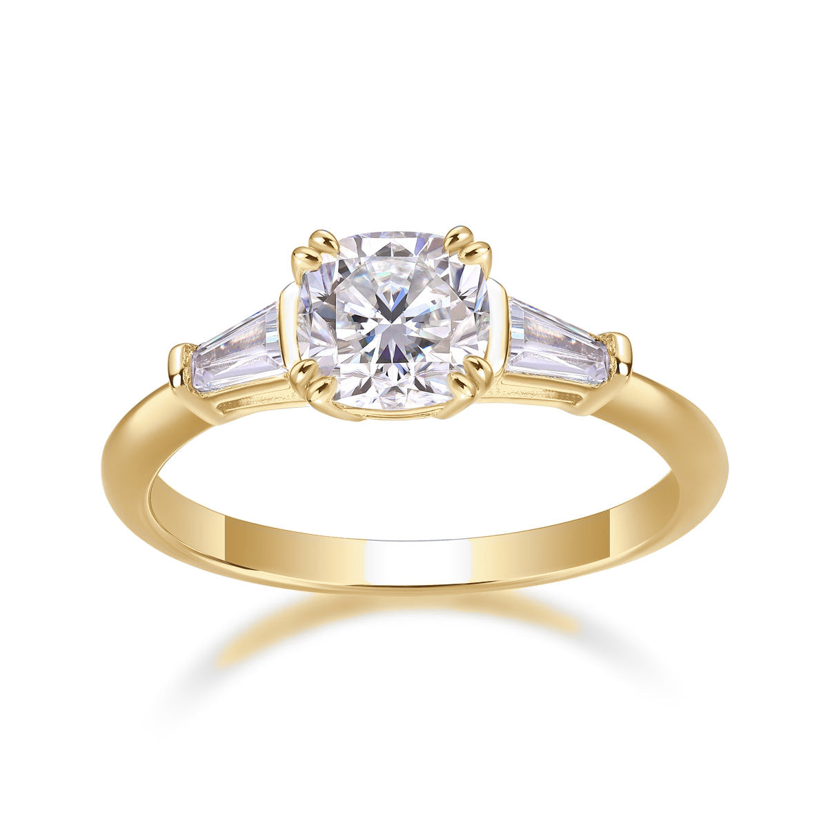Kira Cushion Cut Moissanite Three Stone Engagement Ring in 18K yellow gold plating, front view