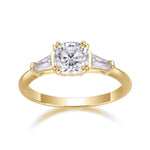 Kira Cushion Cut Moissanite Three Stone Engagement Ring in 18K yellow gold plating, front view