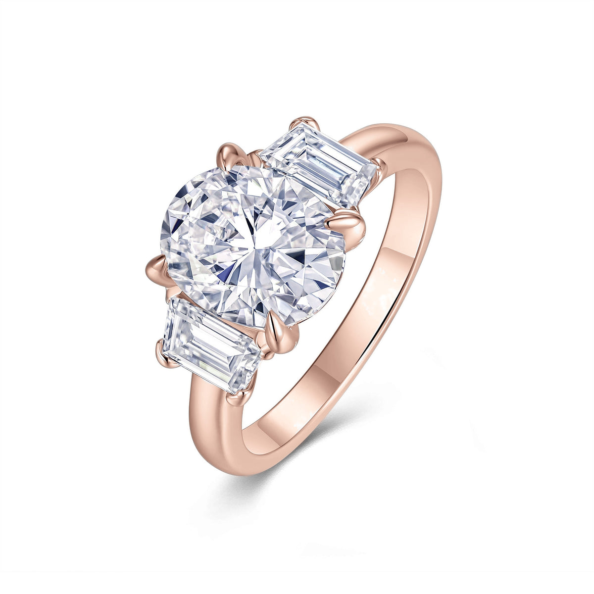 Kristen Oval Moissanite Three Stone Engagement Ring in 18K rose gold plating, front view