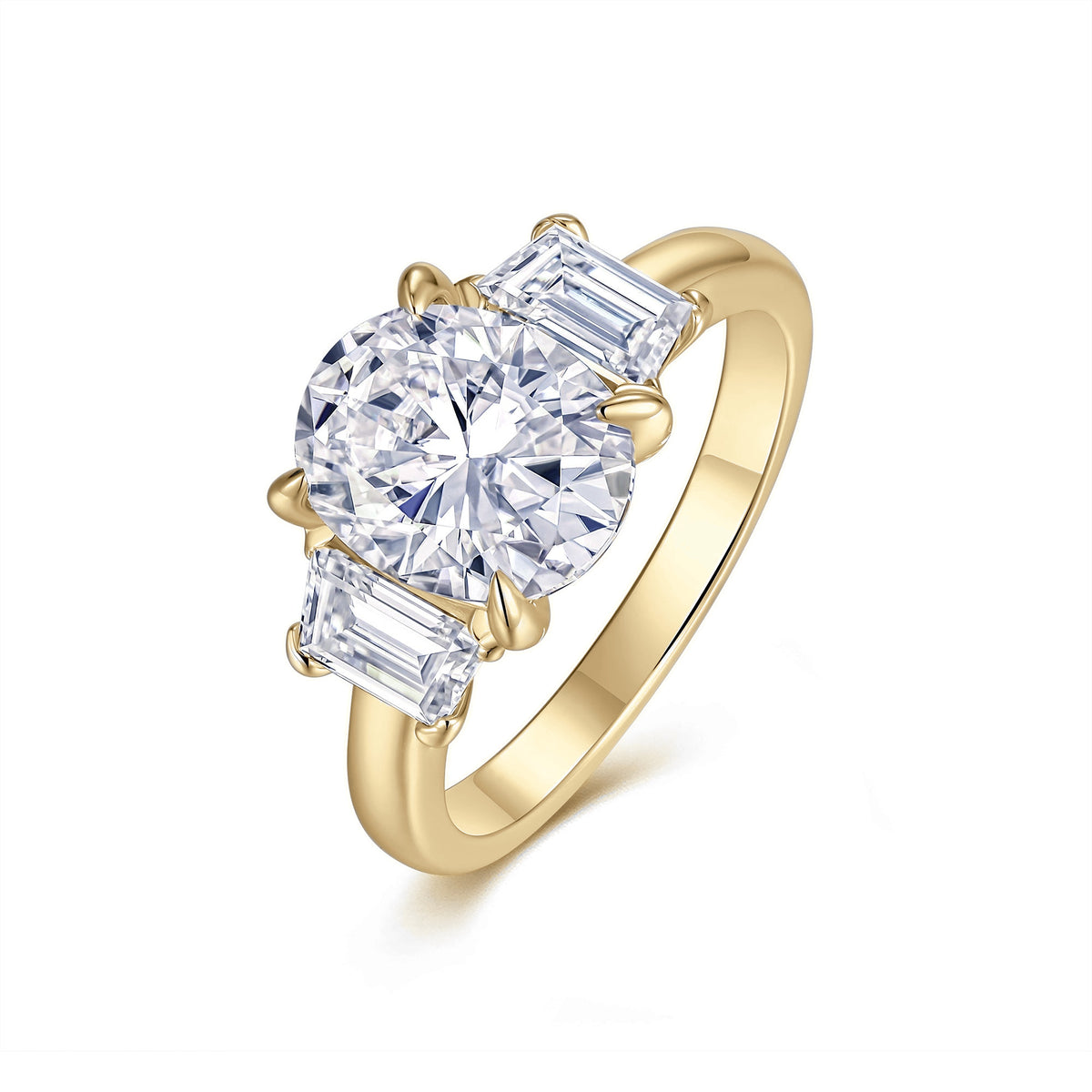 Kristen Oval Moissanite Three Stone Engagement Ring in 18K yellow gold plating, front view