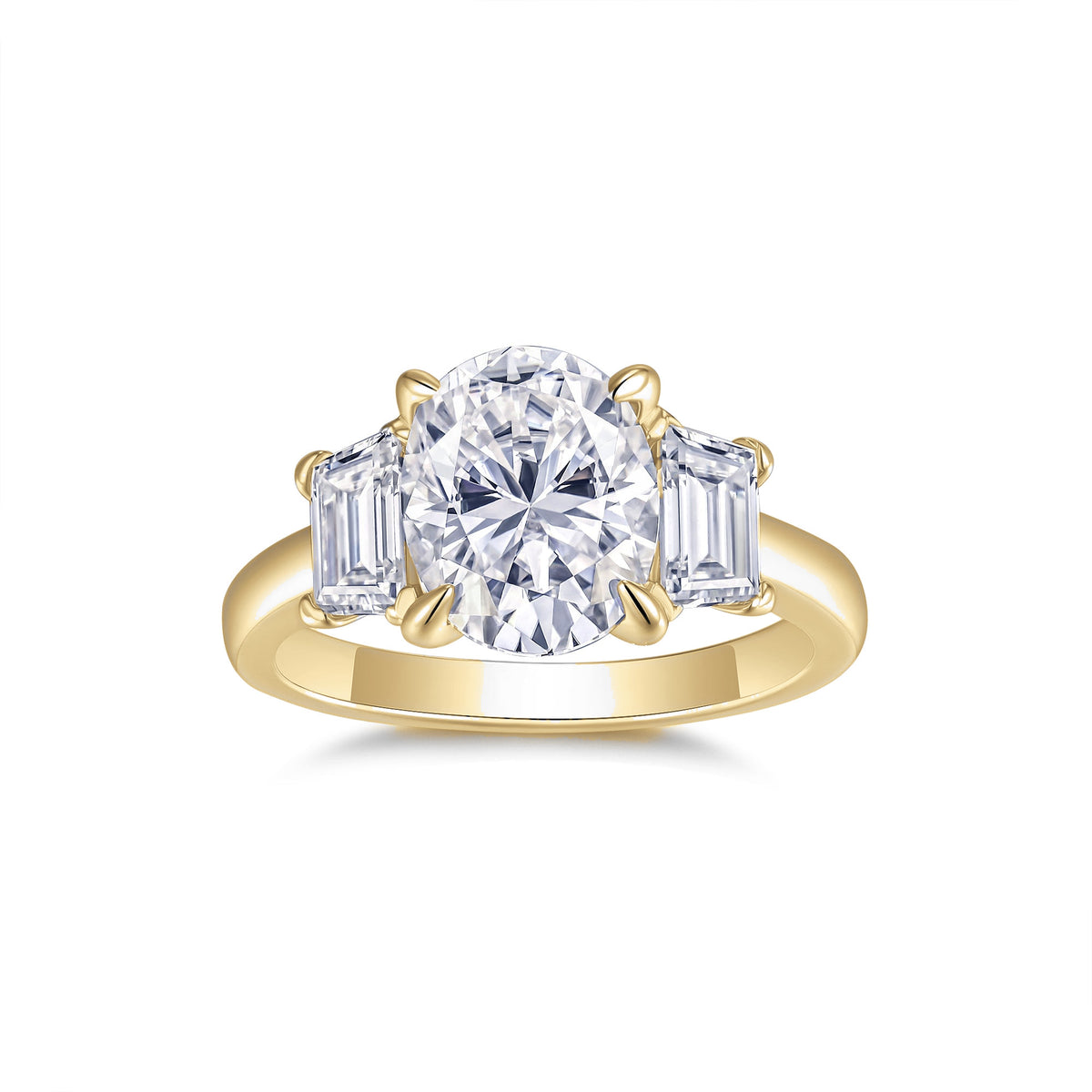 Kristen Oval Moissanite Three Stone Engagement Ring in 18K yellow gold plating, front view