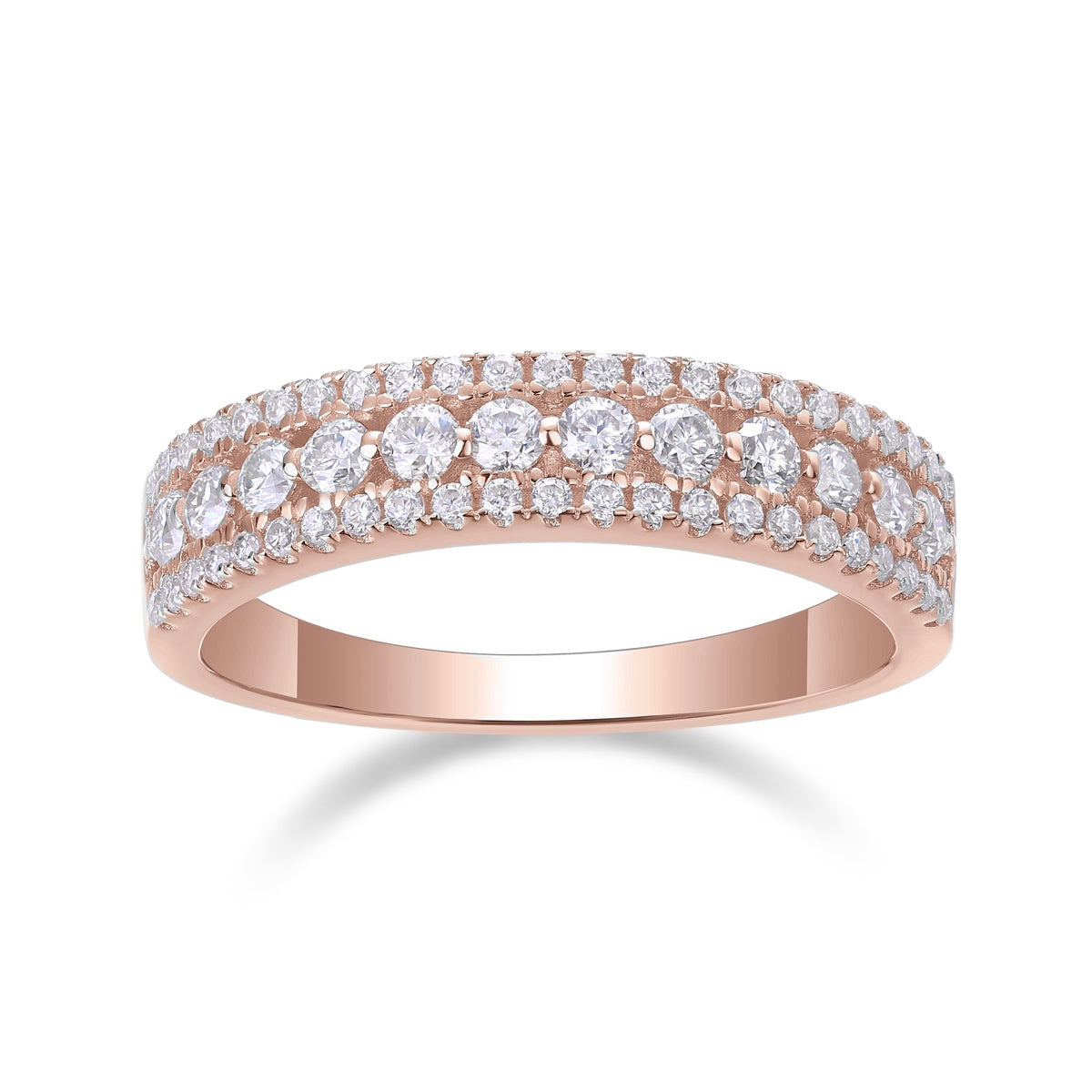 Lacey Round Moissanite Pavé Half Eternity Band in 18K rose gold plating, front view