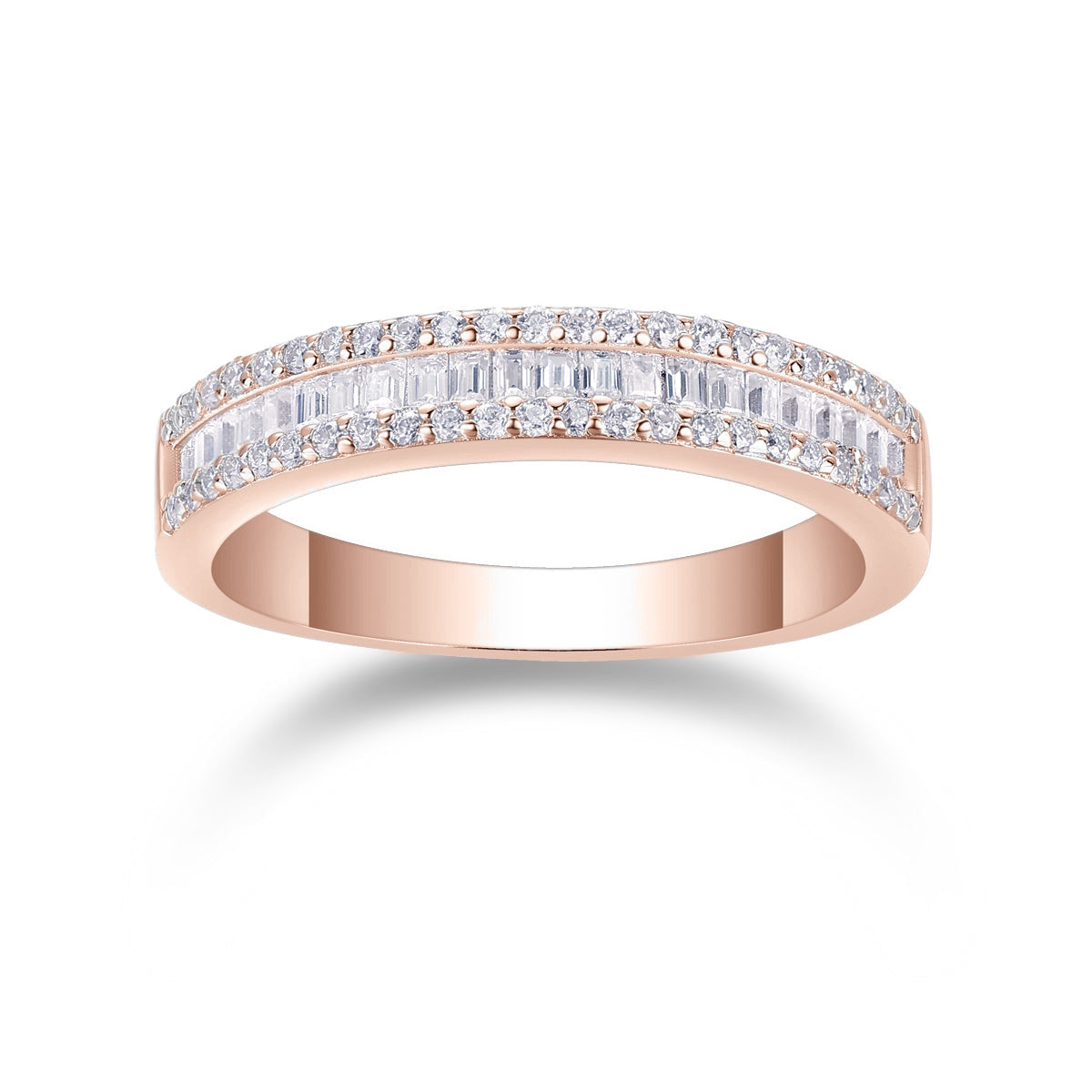 Lainey Baguette Moissanite Channel Eternity Band in 18K rose gold plating, front view
