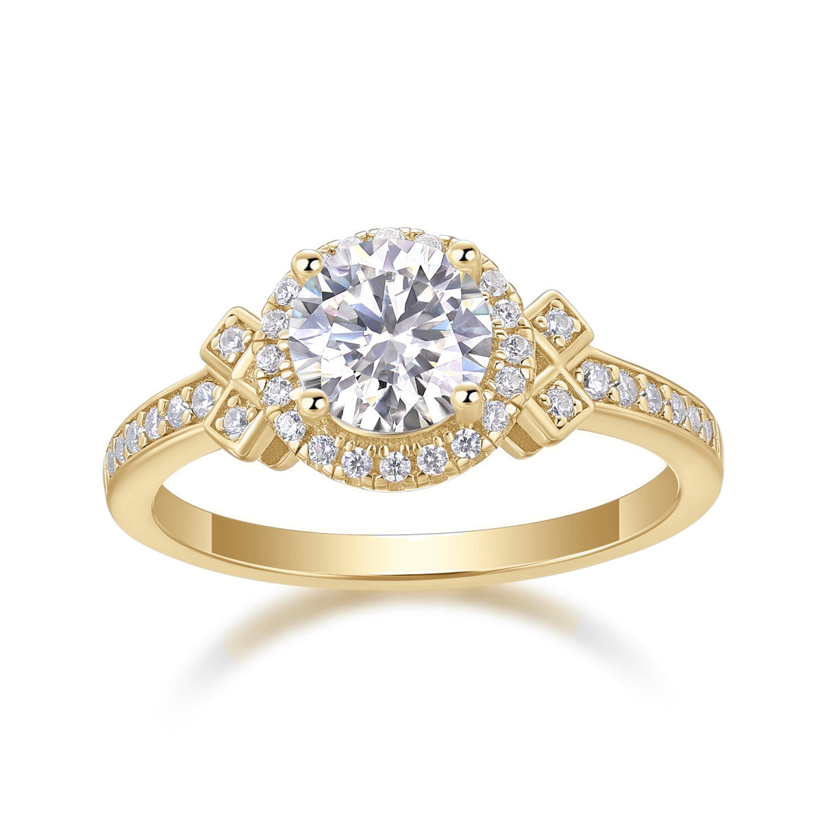 Lana Round Moissanite Art Deco Halo Engagement Ring in 18K yellow gold plating, front view