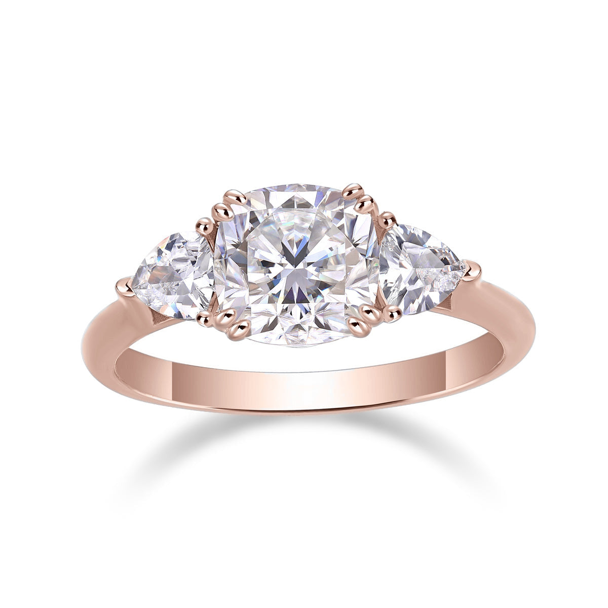 Larissa Cushion Cut Moissanite Three Stone Engagement Ring in 18K rose gold plating, front view