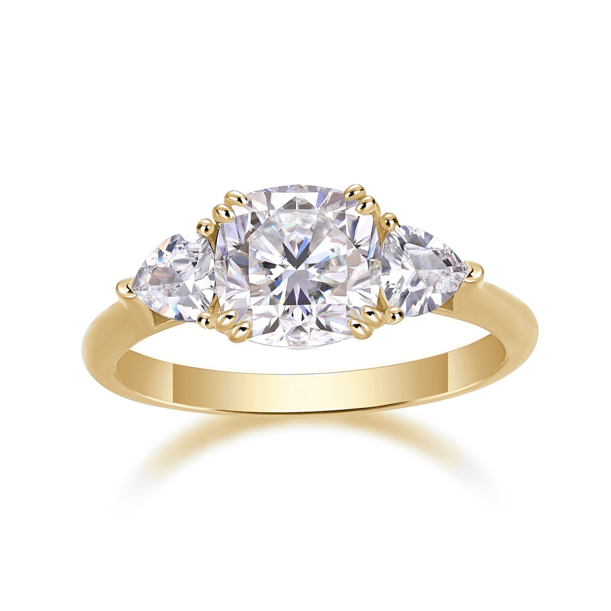 Larissa Cushion Cut Moissanite Three Stone Engagement Ring in 18K yellow gold plating, front view
