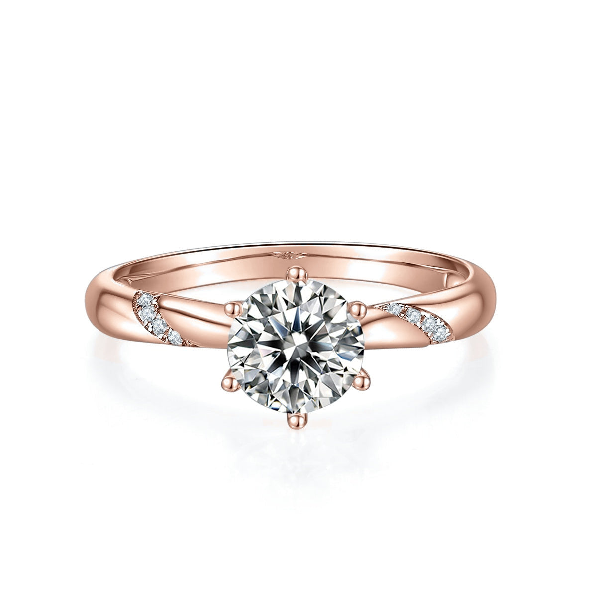 Lark Round Moissanite Solitaire Engagement Ring in 18K rose gold plating, front view