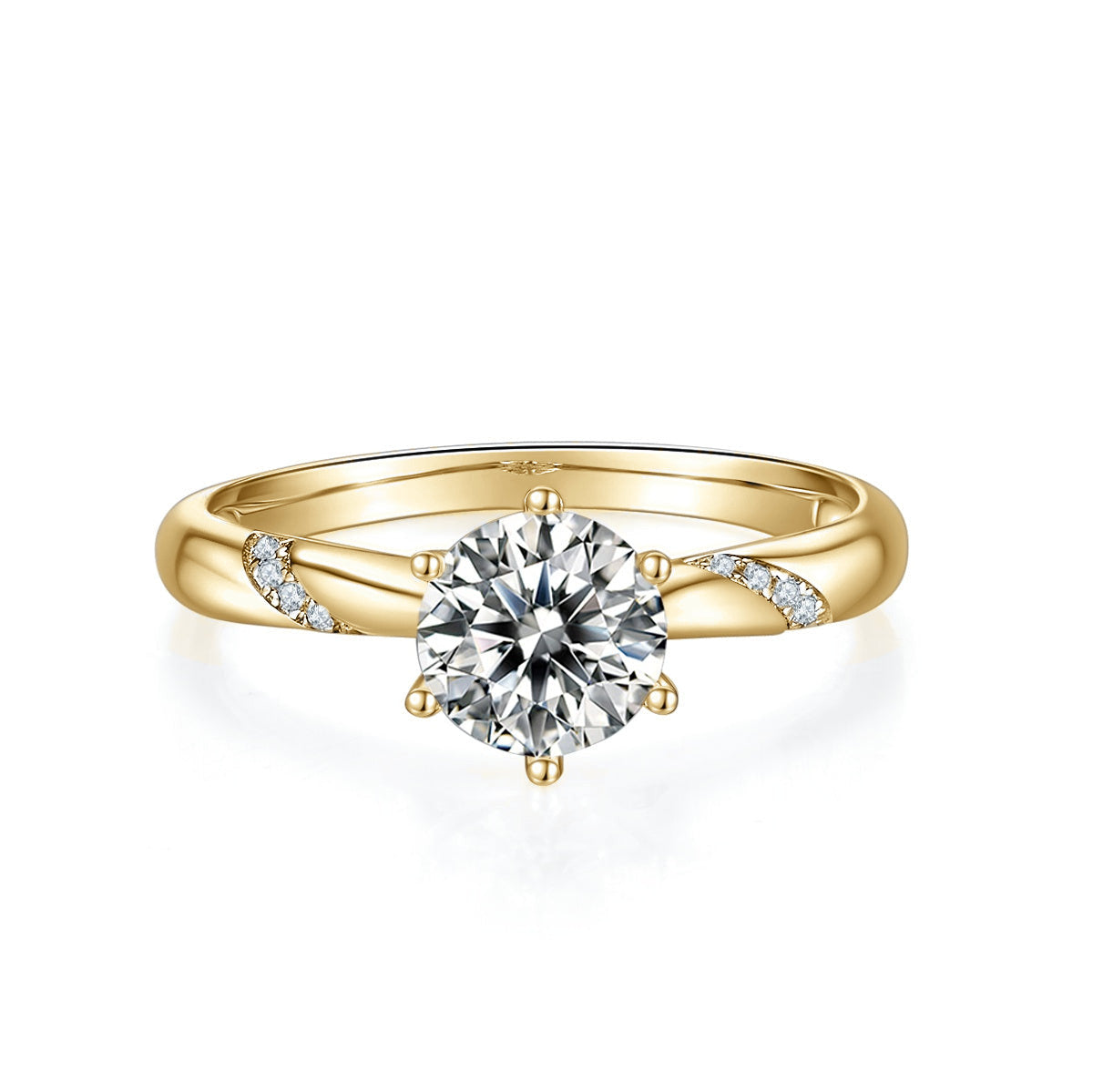 Lark Round Moissanite Solitaire Engagement Ring in 18K yellow gold plating, front view