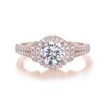 Laura Round Moissanite Split Shank Halo Engagement Ring in 18K rose gold plating, front view