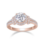 Laura Round Moissanite Split Shank Halo Engagement Ring in 18K rose gold plating, front view