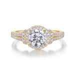 Laura Round Moissanite Split Shank Halo Engagement Ring in 18K yellow gold plating, front view